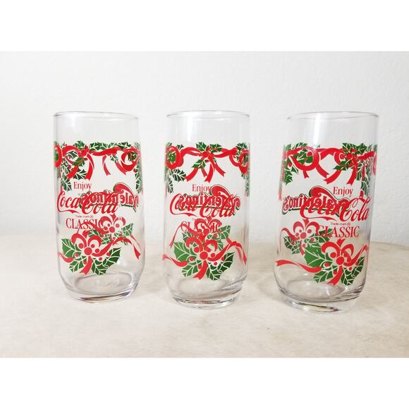Coca Cola Classic Christmas Drinking Glass 16oz Valentino's Pizza 7" Vintage x3 - Picture 1 of 12